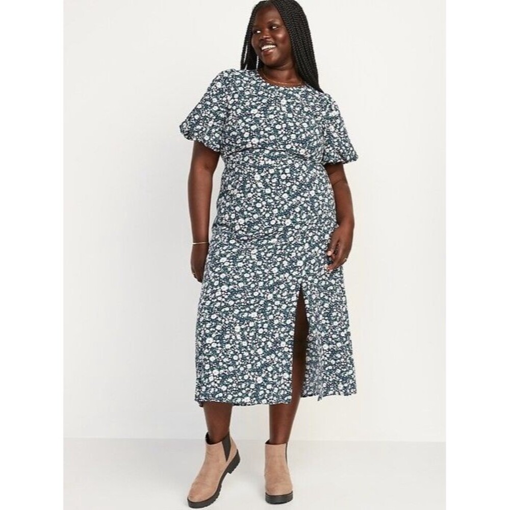 NWT Navy White Micro Floral Maxi Dress XXL Puff Sleeve Open Back Rayon Romantic